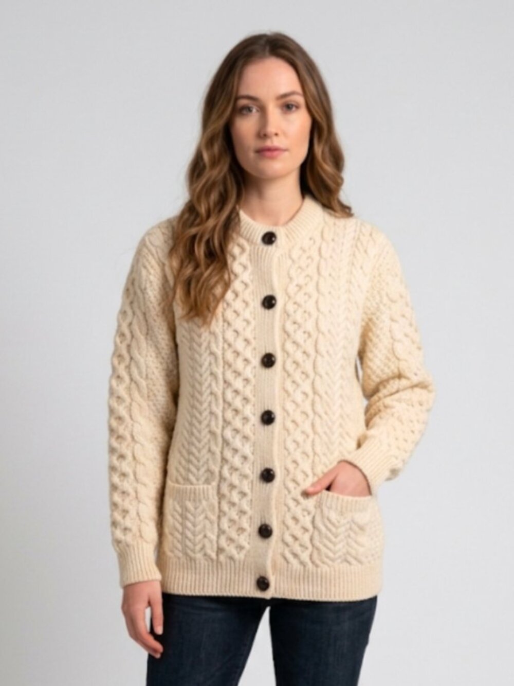 Aran Woolen Mills Irish Traditional Lumber Cardigan Merino Wool Women's M Cream